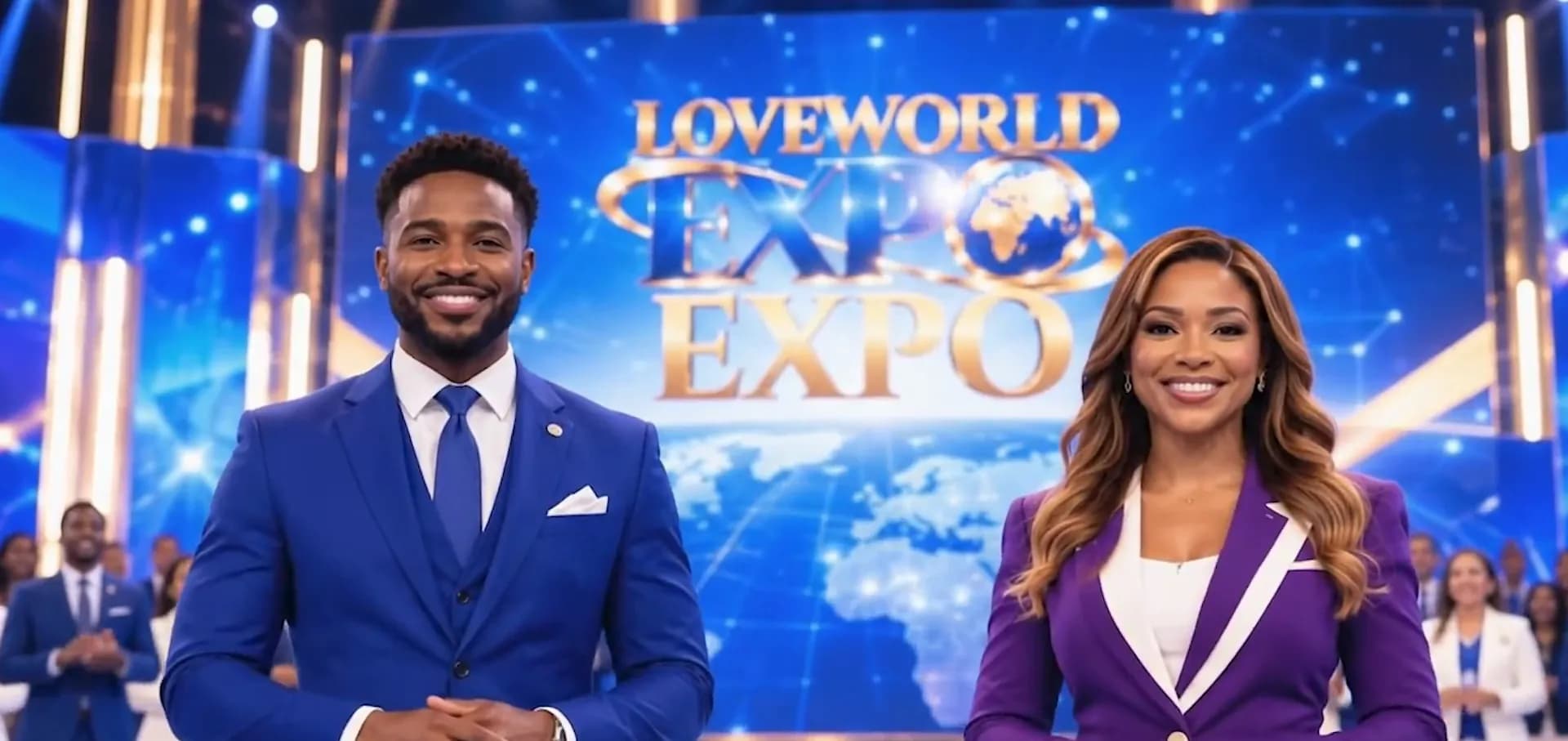 Two hosts in blue and purple on the LoveWorld Expo stage