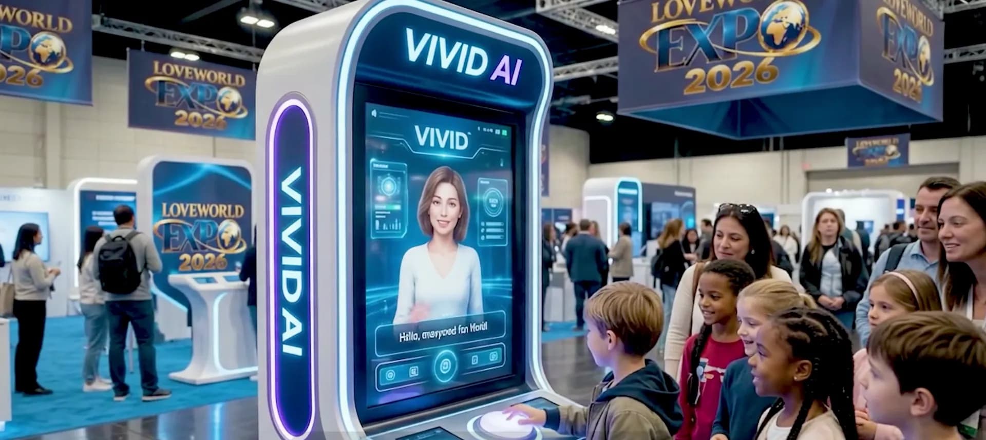 Children gathered around the Vivid AI kiosk