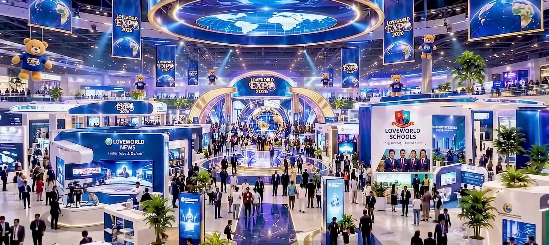The LoveWorld Expo hall, busy with visitors between the stands