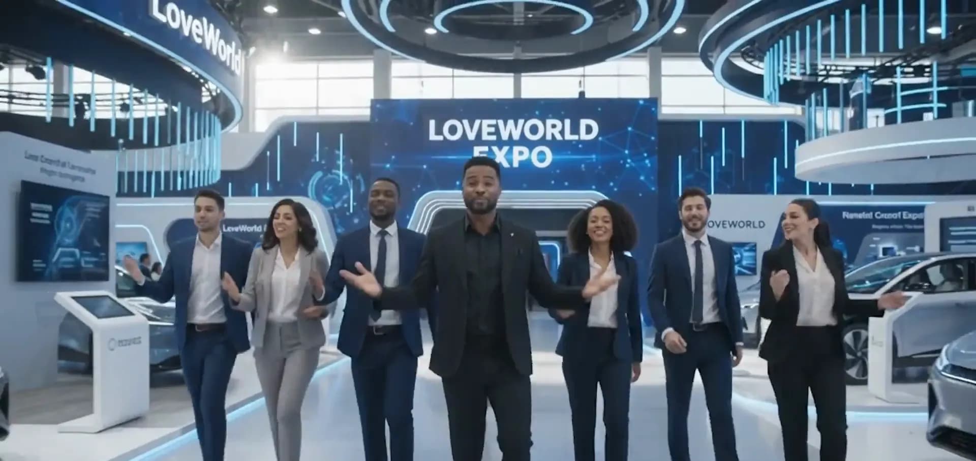 A young team at the LoveWorld Expo, their leader presenting with open arms
