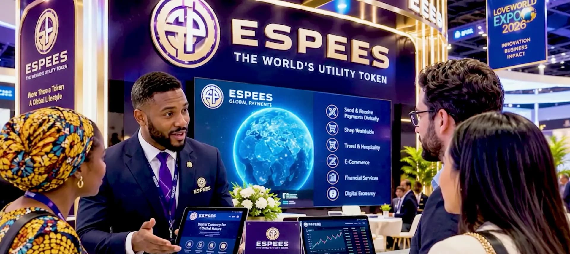 An Espees representative explaining the platform to two visitors