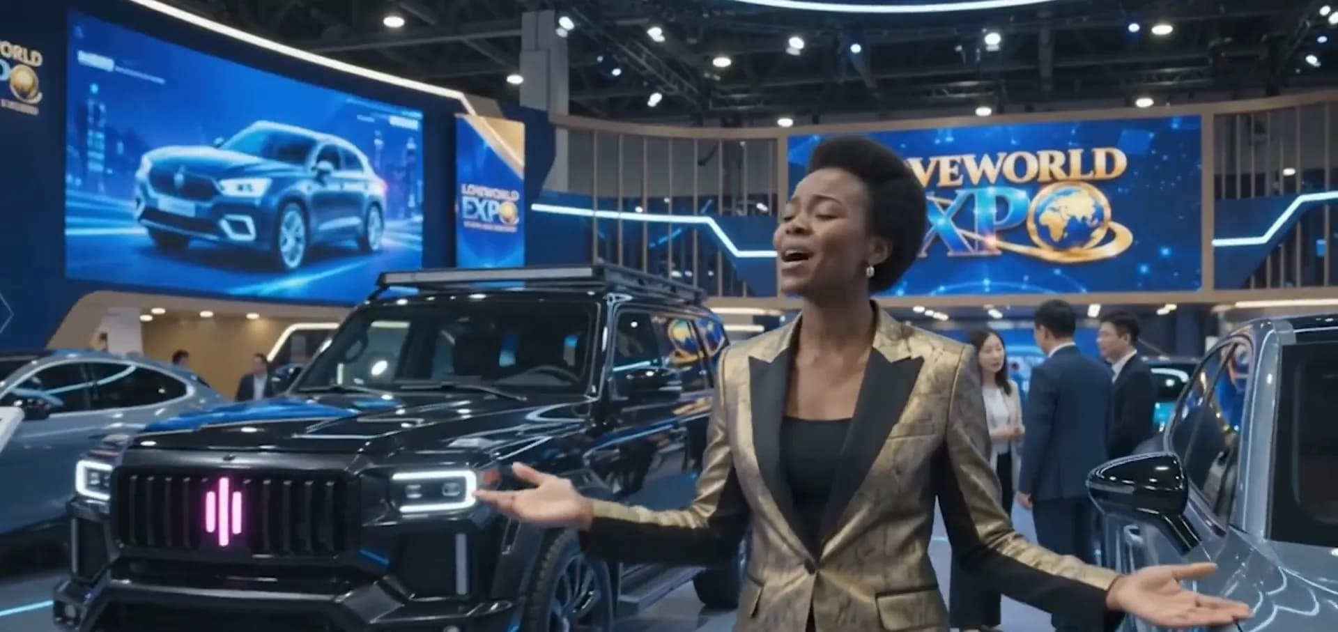 A presenter in a gold jacket showing a car to visitors