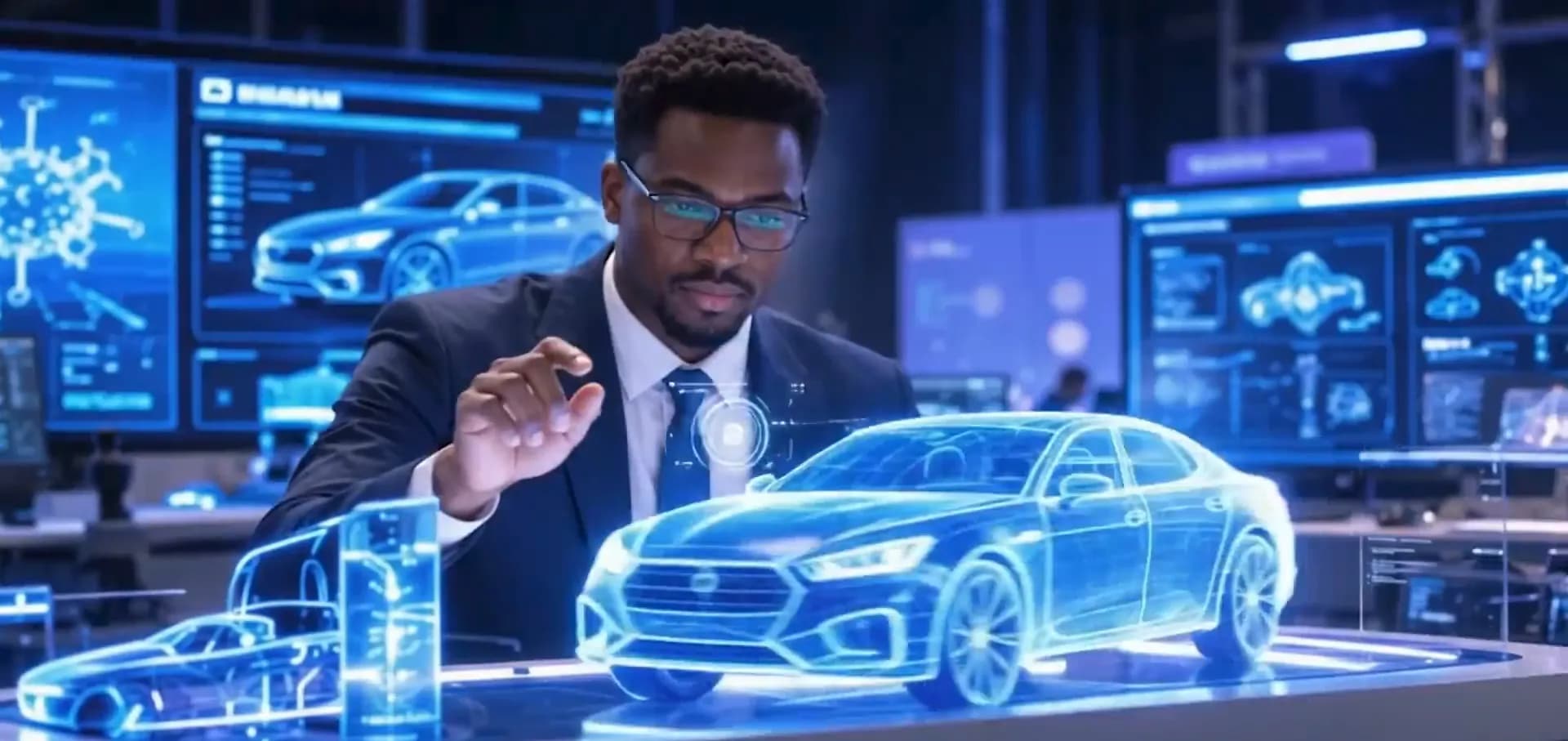 A man exploring a holographic car display