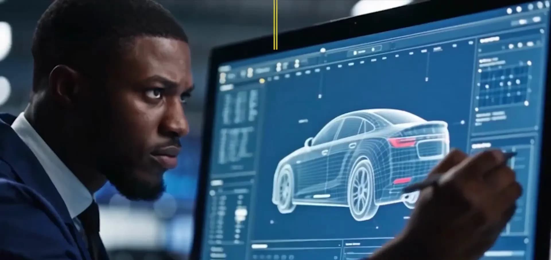 A designer working on a car model on a large screen